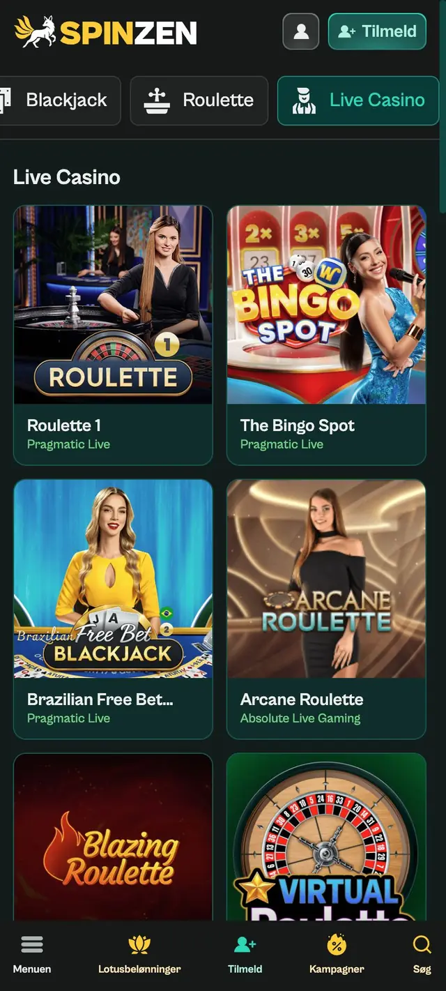 Live Casino-lobbyen, første skærm