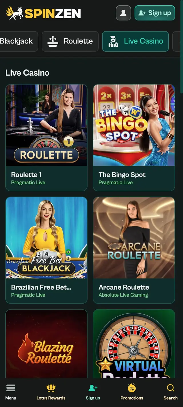Live Casino-lobbyn, första skärmen